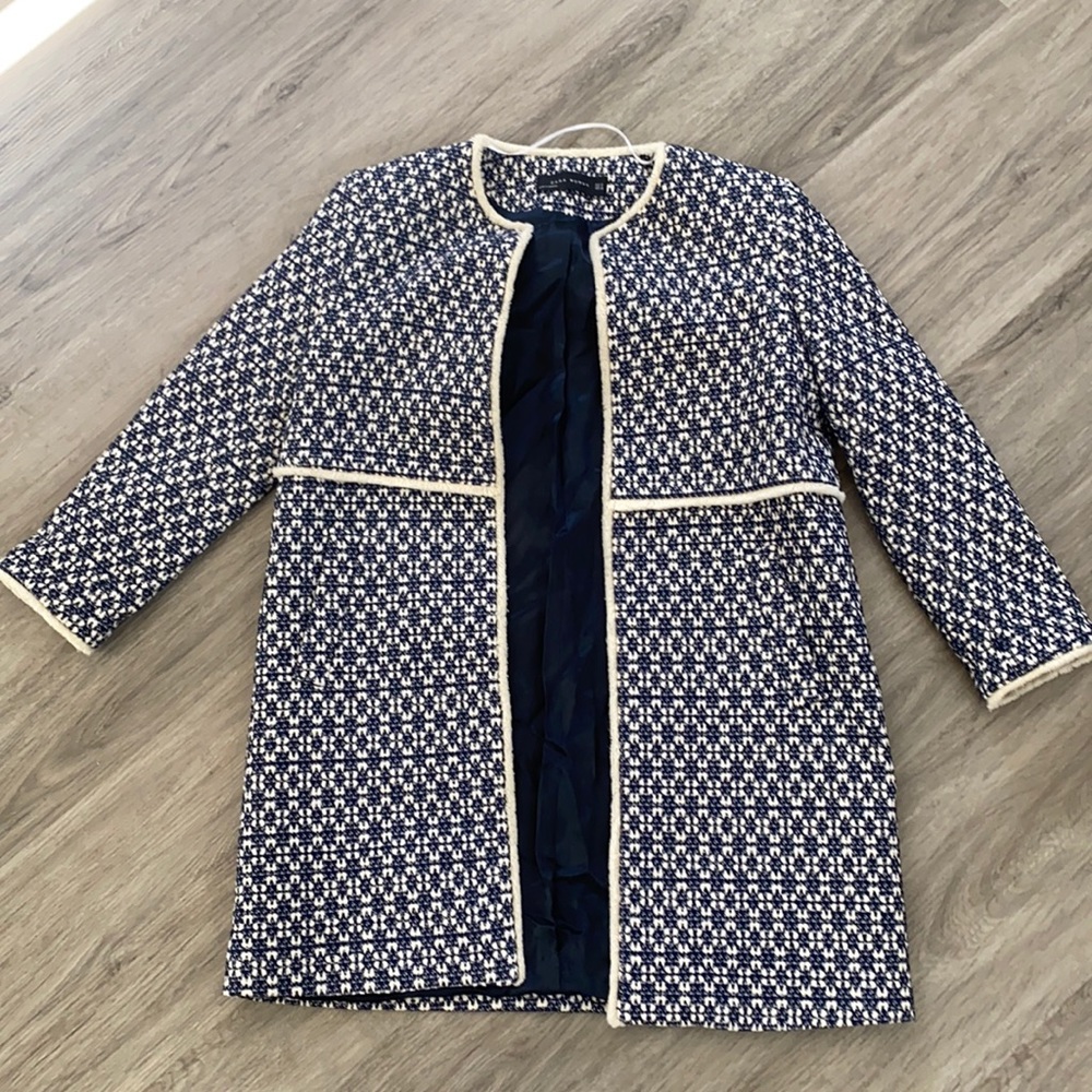 Blue print frayed Zara “that coat” size medium